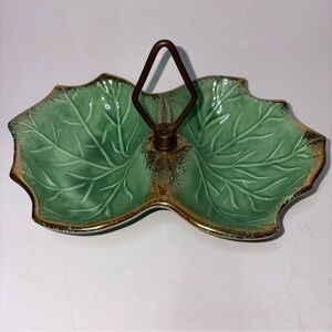 Vintage California Pottery Green Leaf Double Sided Serving Bowl MCM Handle Gold